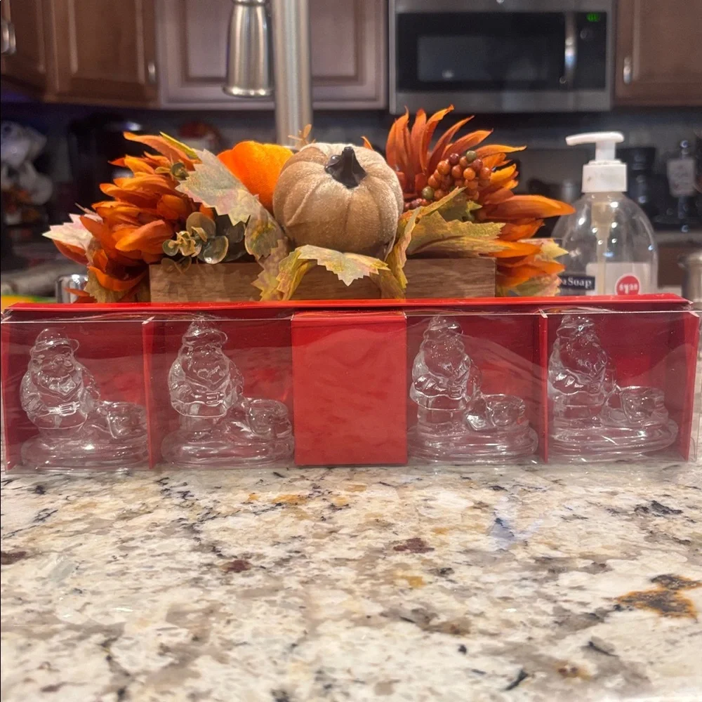 Williams Sonoma Clear Glass Santa Tiny Taper Candle Holders